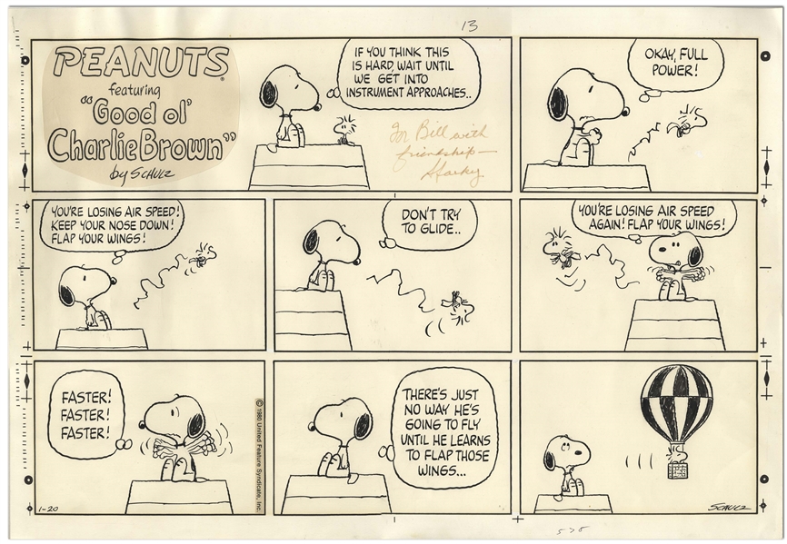 Charles Schulz Original Hand-Drawn ''Peanuts'' Sunday Comic Strip -- Snoopy Tries to Teach Woodstock How to Fly